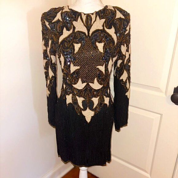 NEW WITH TAGS VINTAGE 100% SILK FULL SEQUINED OPEN BACK COCKTAIL DRESS SIZE S - Picture 1 of 12